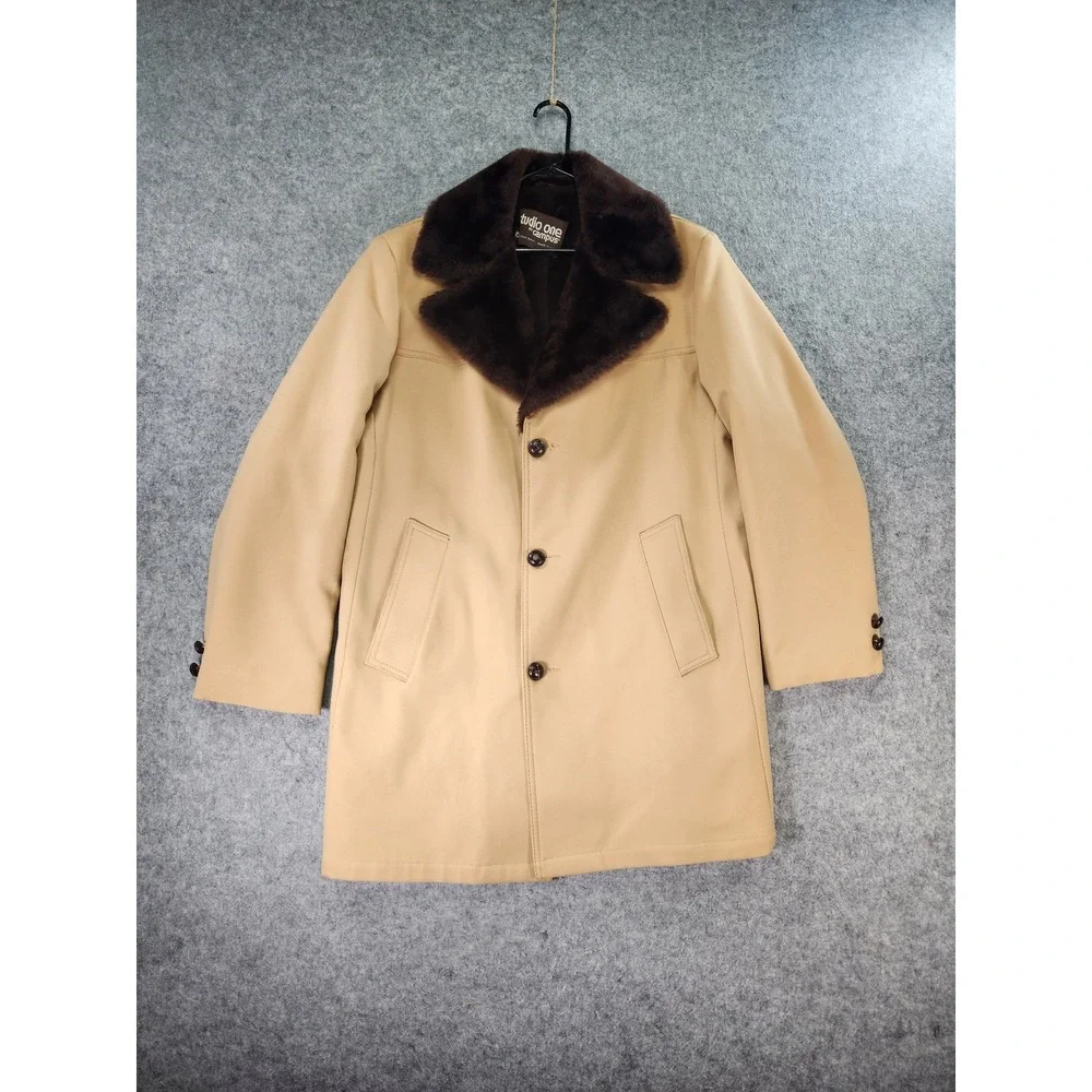 Vintage Studio One By Campus Overcoat 42 Faux Fur Beige‎ Long Sleeve Button 70s